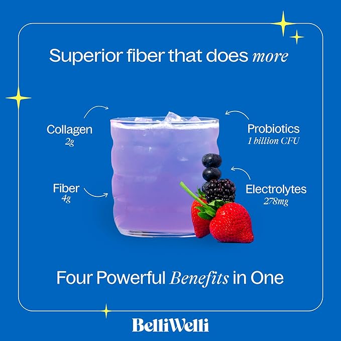 Belli Welli Daily Fiber Supplement – Organic Acacia Fiber with Collagen, Electrolytes & Probiotics – 30 Servings