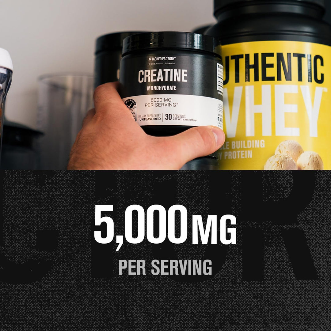 Jacked Factory Creatine Monohydrate Powder - Micronized Creatine 5g per Serving, Unflavored, Vegan-Friendly - 30 Servings, 150g