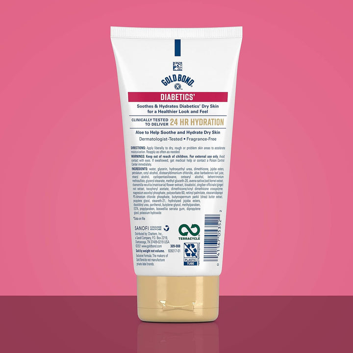 Gold Bond Diabetics lotion tube on a pink background
