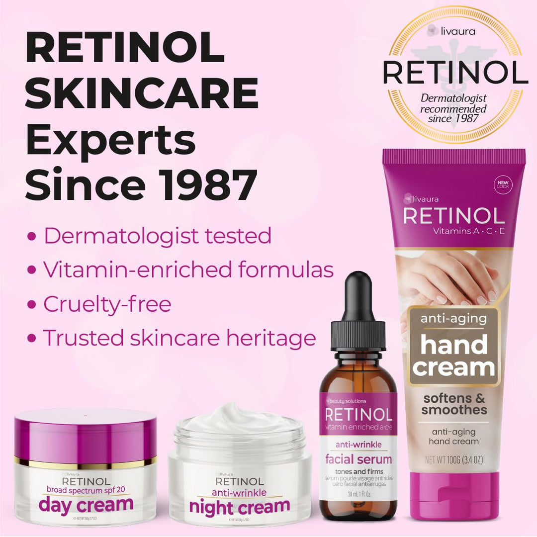 A promotional graphic for Livaura Retinol Skincare featuring four products on a light pink background: a purple-lidded jar of day cream, a white jar of night cream with white cream visible, an amber dropper bottle of facial serum, and a purple tube of hand cream. Large text reads 'RETINOL SKINCARE Experts Since 1987' with bullet points about dermatologist testing, vitamin-enriched formulas, cruelty-free status, and trusted skincare heritage.