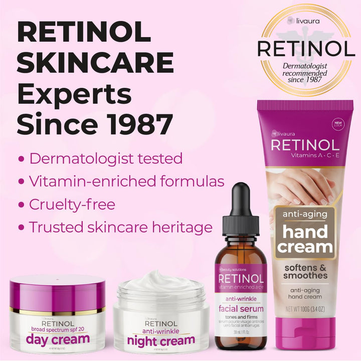 A promotional graphic for Livaura Retinol Skincare featuring four products on a light pink background: a purple-lidded jar of day cream, a white jar of night cream with white cream visible, an amber dropper bottle of facial serum, and a purple tube of hand cream. Large text reads 'RETINOL SKINCARE Experts Since 1987' with bullet points about dermatologist testing, vitamin-enriched formulas, cruelty-free status, and trusted skincare heritage.