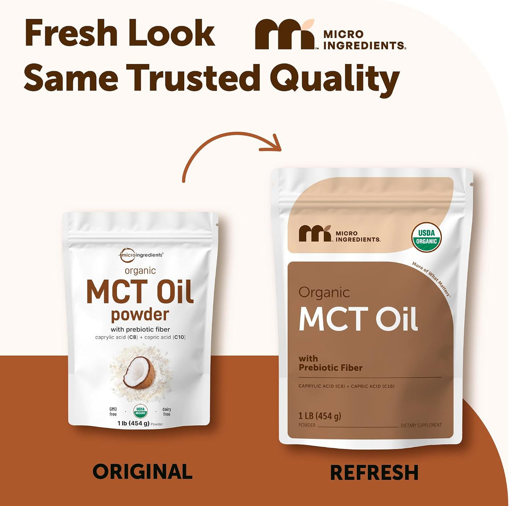 Two packages of MCT oil from Micro Ingredients with text 'Fresh Look Same Trusted Quality'.