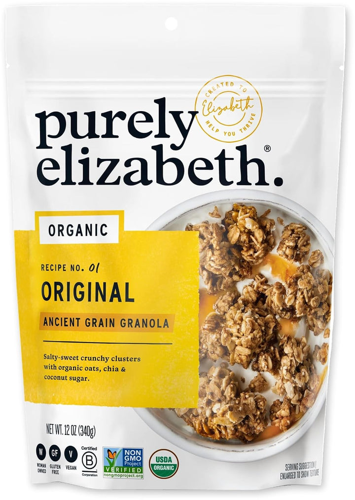 Purely Elizabeth Organic Original Ancient Grain Granola in a white stand-up pouch with a yellow label and a bowl photo showing the granola mixed with milk.
