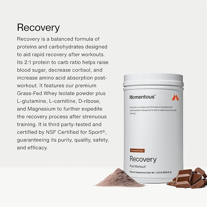 Momentous Recovery Grass-Fed Whey Protein Powder –, 15 Servings, 20g Protein – NSF Certified, Gluten-Free