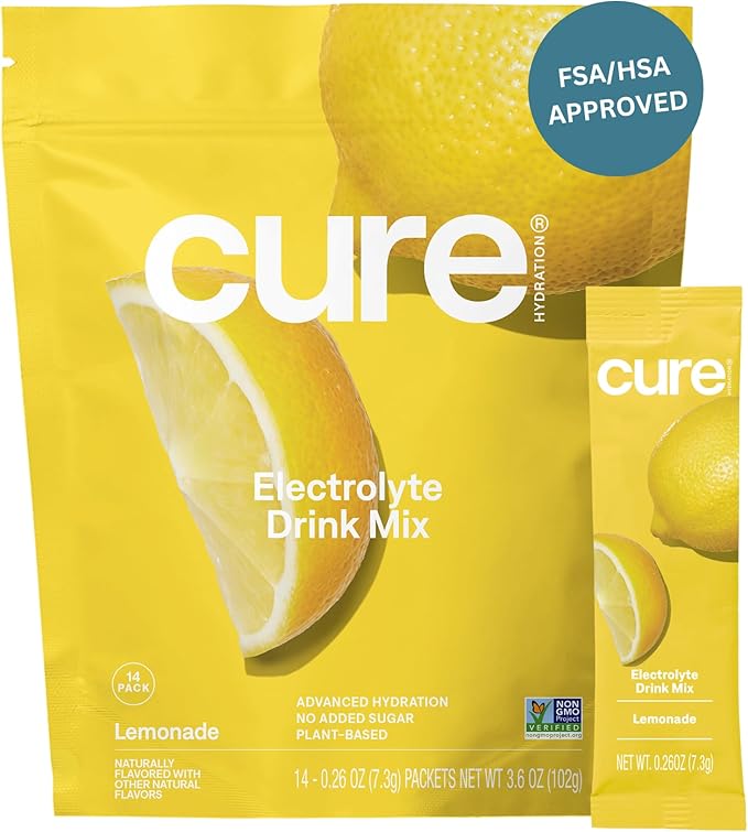 Cure Hydration Electrolyte Drink Mix – Plant-Based, No Added Sugar – Coconut Water Powder – 14 Packets