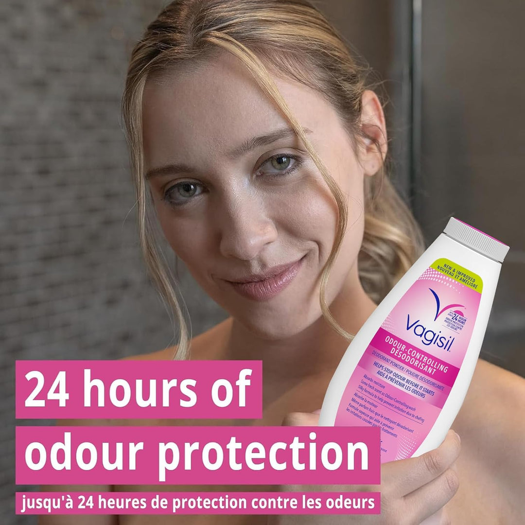 Woman holding Vagisil product with text about odor protection