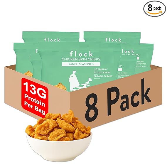 Flock Keto Chicken Skin Chips – Low Carb, High Protein, Gluten-Free, Sugar-Free Snack – 8 Pack (1oz Each)