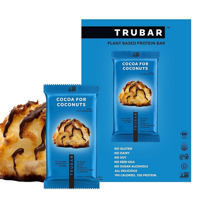 TRUBAR Vegan Protein Bar – Plant-Based, Gluten-Free, High Fiber Snack – 12g Protein, 13g Fiber – No Sugar Alcohols – 12 Count