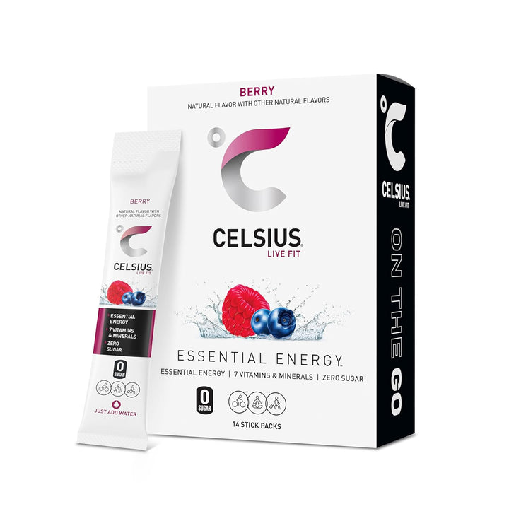 Celsius Essential Energy package with berry flavor on a white background