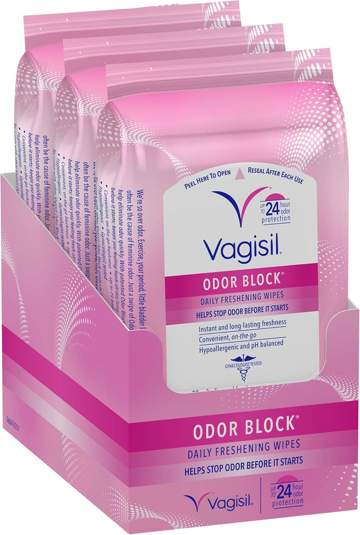 Vagisil odor block daily freshening wipes packaging on a white background