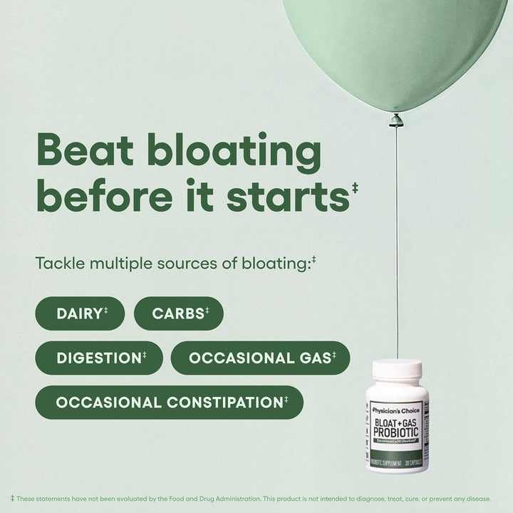 Physician's Choice Bloat & Gas Probiotic, 5-in-1 Daily Digestive Health Supplement, 30 Capsules