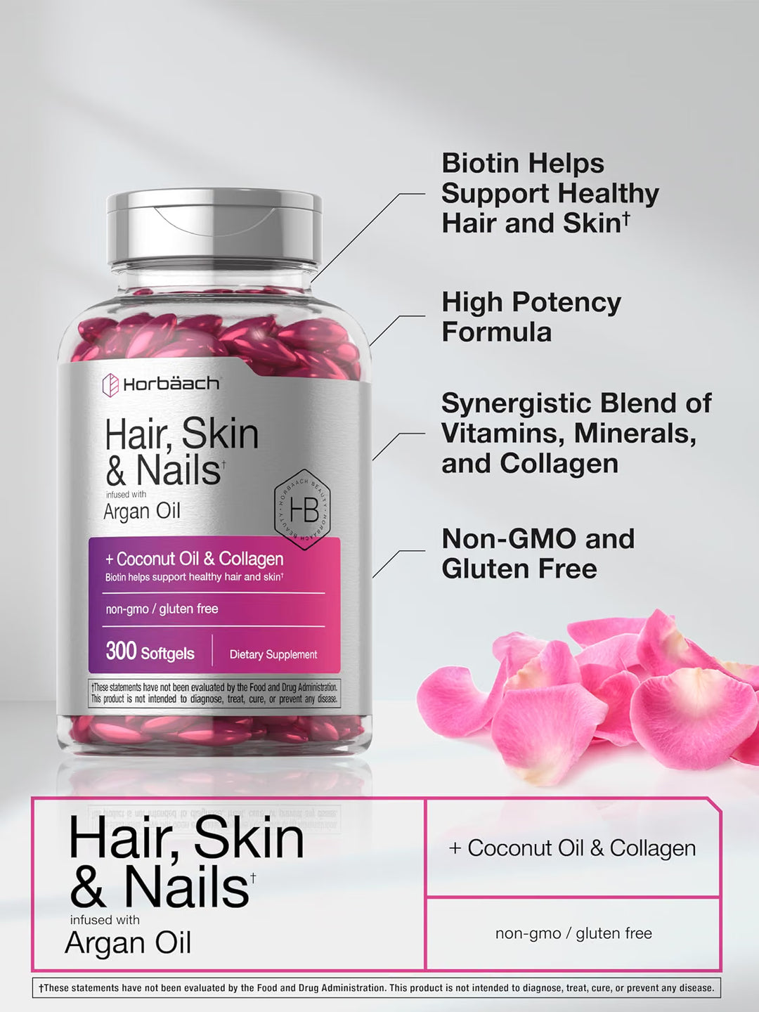 Horbaach Hair Skin and Nails Vitamins with Collagen (300 Softgels)