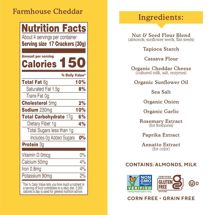 Nutrition facts and ingredients label for Farmhouse Cheddar crackers on a yellow background