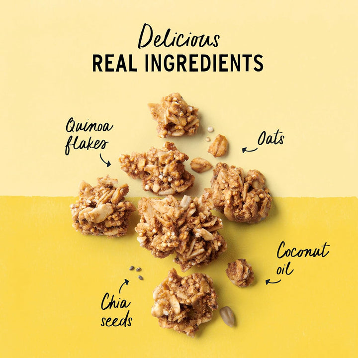 Nuts and seeds with text indicating ingredients on a yellow background