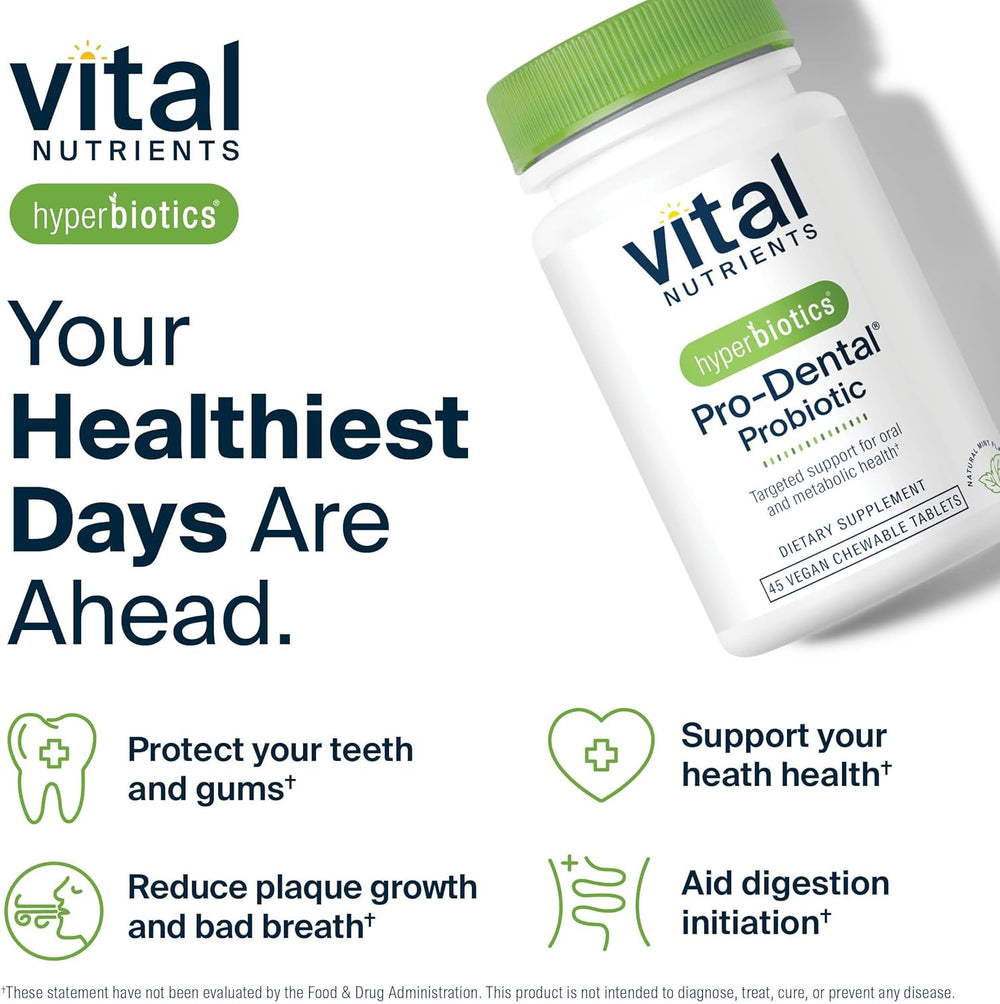 Vital Nutrients Pro-Dental Probiotic supplement bottle with promotional text on a white background