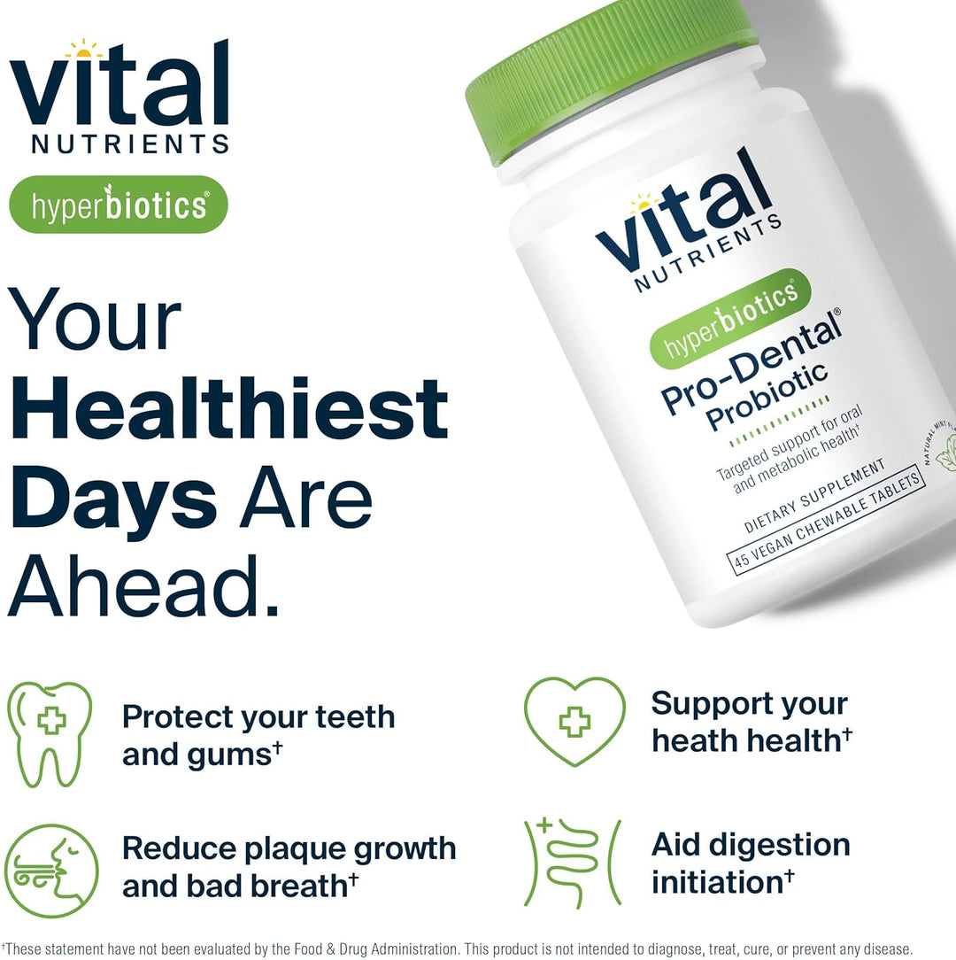 Vital Nutrients Pro-Dental Probiotic supplement bottle with promotional text on a white background