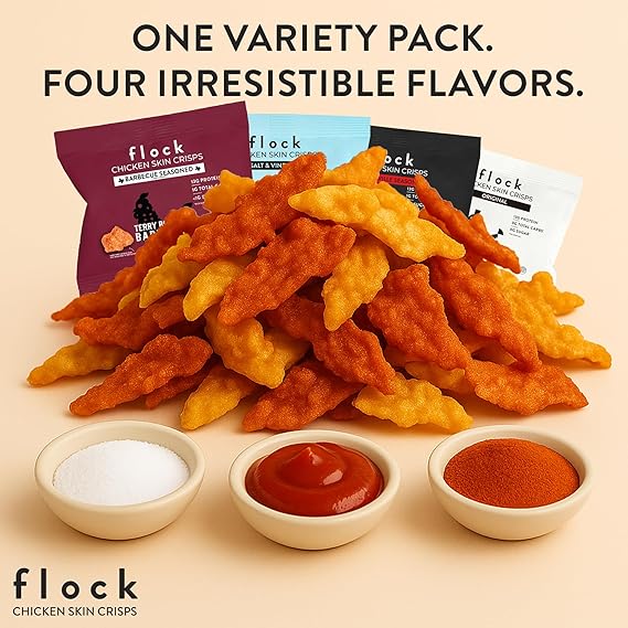 Flock Keto Chicken Skin Chips – Low Carb, High Protein, Gluten-Free, Sugar-Free Snack – 8 Pack (1oz Each)