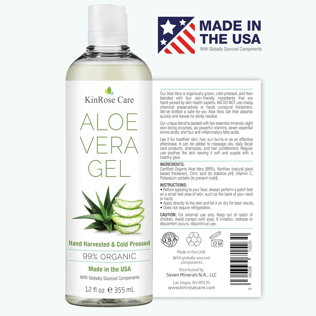KinRose Care 99% Pure Organic Aloe Vera Gel for Face, Skin, and Hair, 12 fl oz