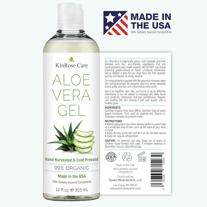 KinRose Care 99% Pure Organic Aloe Vera Gel for Face, Skin, and Hair, 12 fl oz