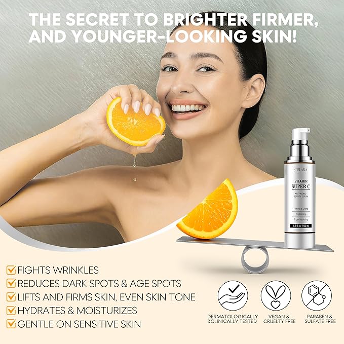 Cielara Brightening & Anti-Aging Vitamin C Serum 50ml – With Hyaluronic Acid, Collagen & Peptides – Helps Improve Skin Tone & Reduce Dark Spots