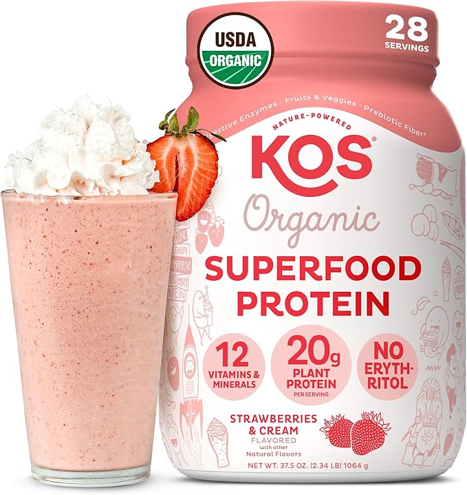 KOS Vegan Protein Powder, Organic Pea Protein Blend, Erythritol-Free, Plant-Based Superfood, 28 Servings