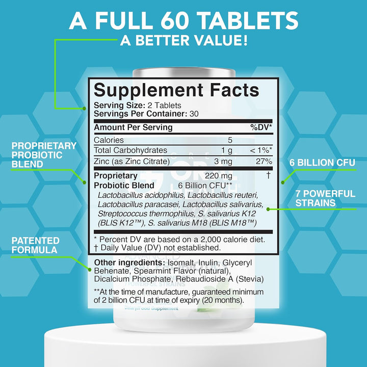 A promotional infographic for a probiotic supplement with a large blue background, a white cylindrical pedestal, and a centered supplement facts label. Text at the top reads 'A FULL 60 TABLETS A BETTER VALUE!' with callout lines pointing to 'PROPRIETARY PROBIOTIC BLEND,' '6 BILLION CFU,' '7 POWERFUL STRAINS,' and 'PATENTED FORMULA.