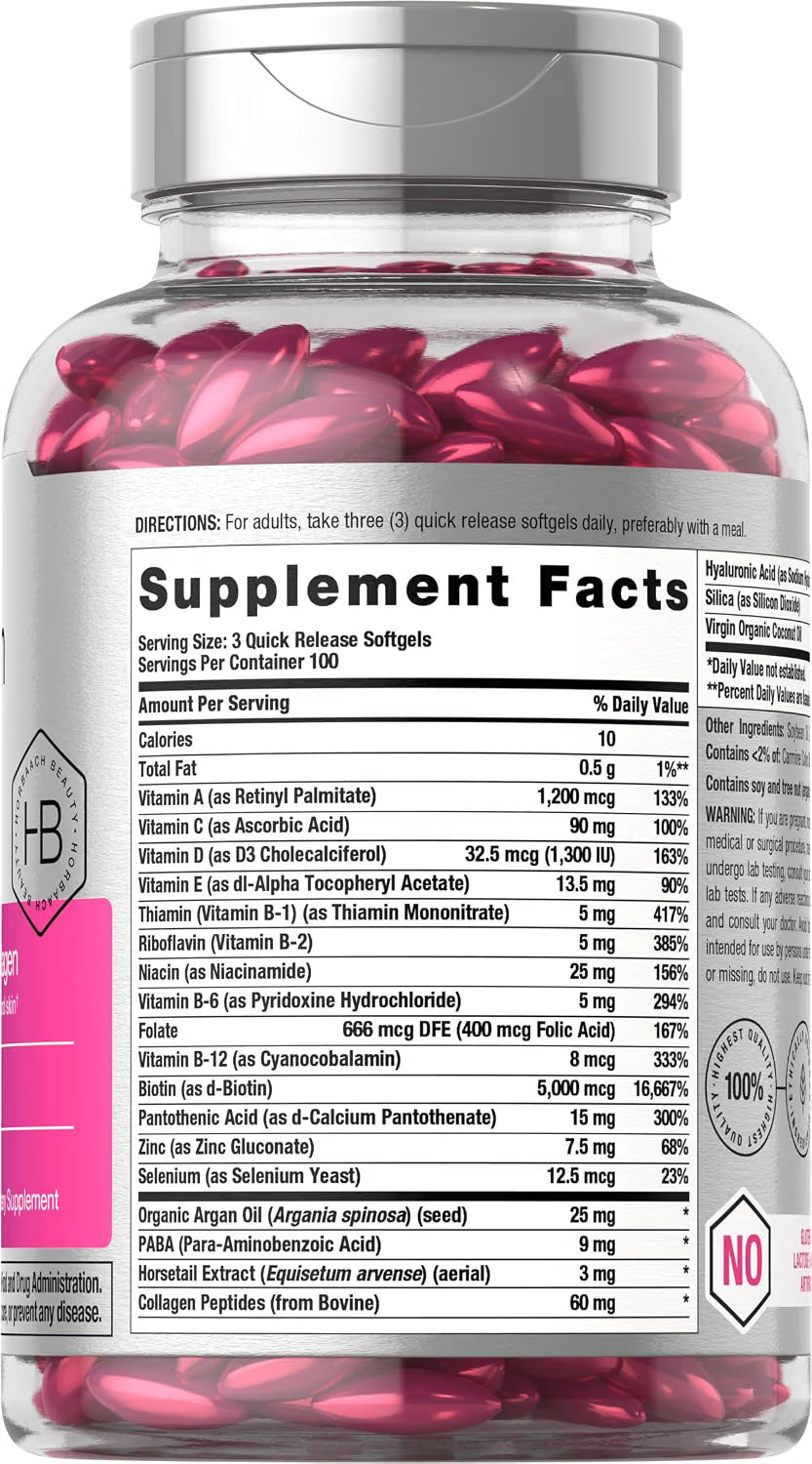 Horbaach Hair Skin and Nails Vitamins with Collagen (300 Softgels)