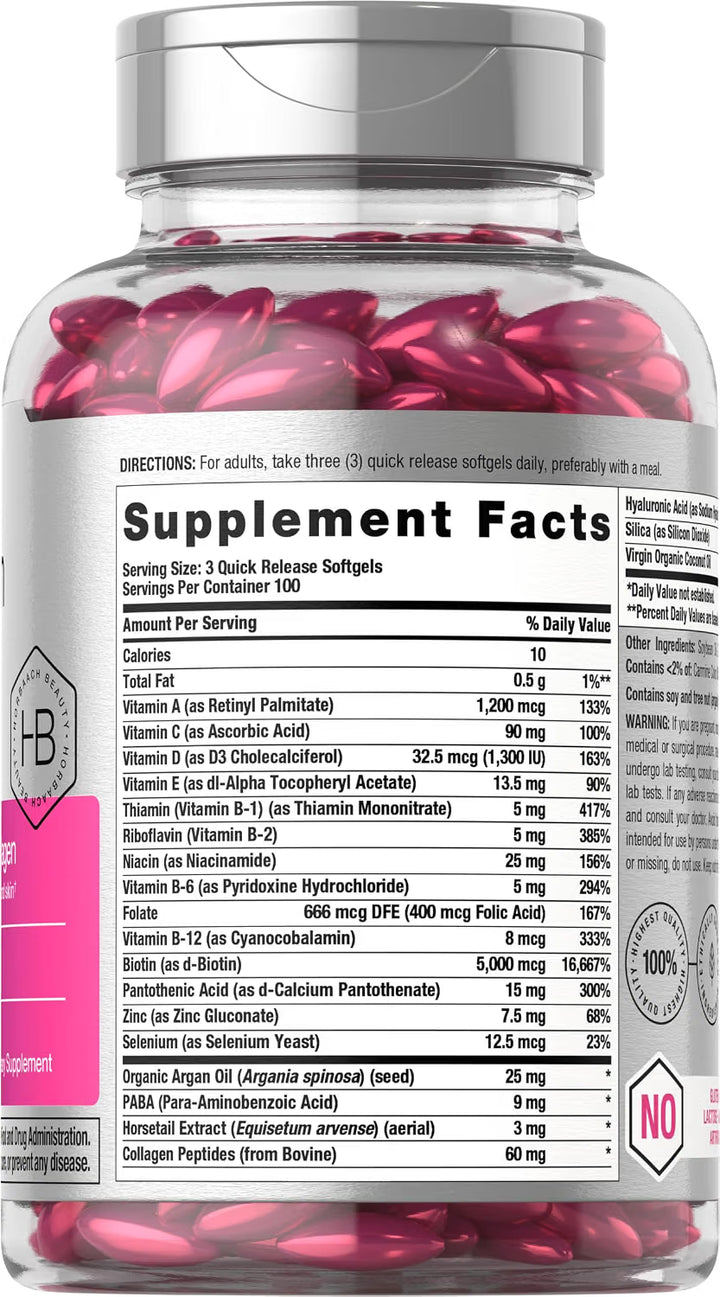 Horbaach Hair Skin and Nails Vitamins with Collagen (300 Softgels)