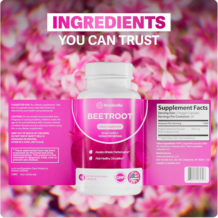 Rosabella Organic Beet Root Capsules 1300mg for Circulation & Vitality, 60 Count