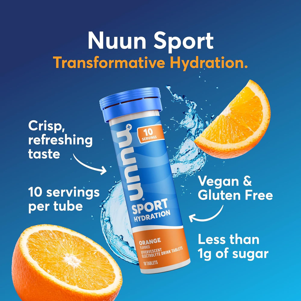 Nuun Sport hydration tube with oranges and water droplets on a blue background
