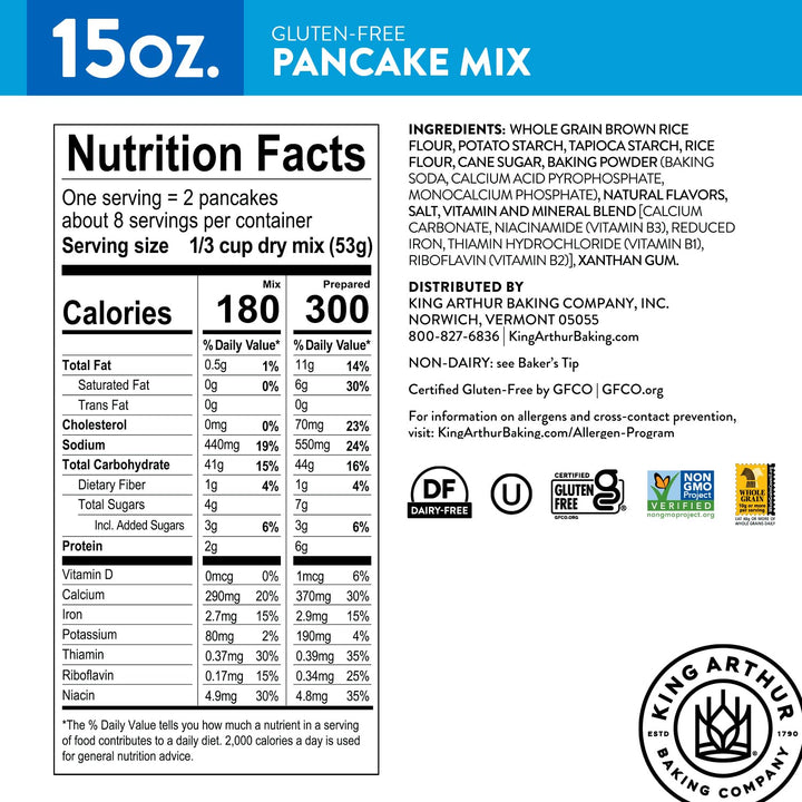 Nutrition facts label for King Arthur Gluten-Free Pancake Mix on a white background
