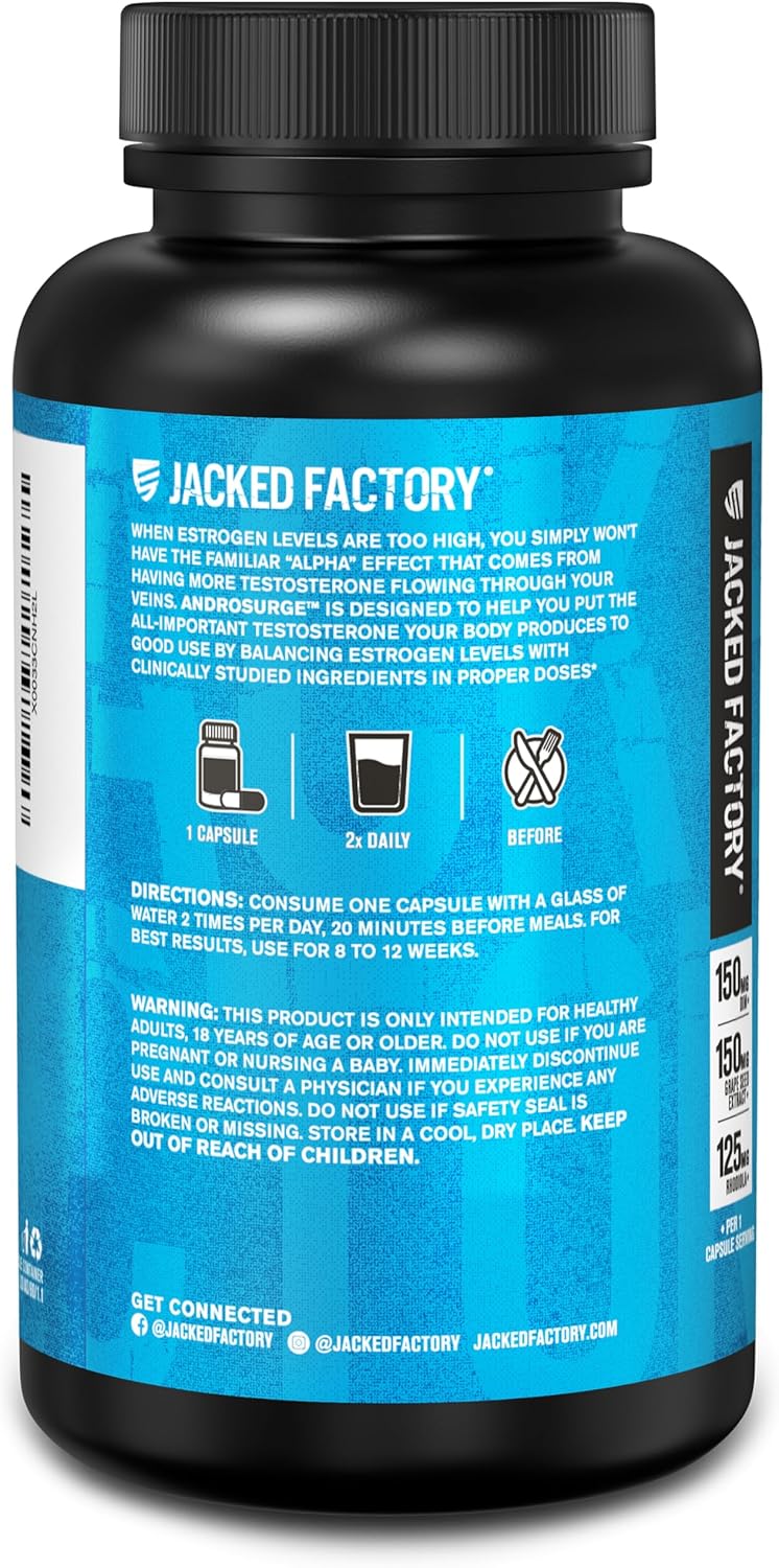 Jacked Factory Androsurge Estrogen Blocker & Vitality Supplement for Men, 120 Count