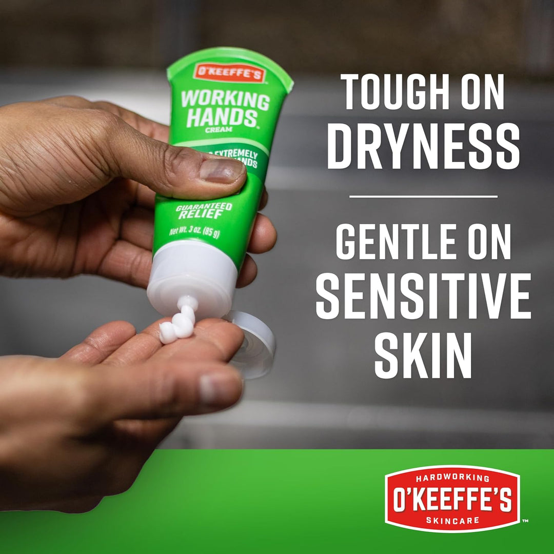 O'Keeffe's Working Hands cream being applied to hands with text highlighting product benefits.