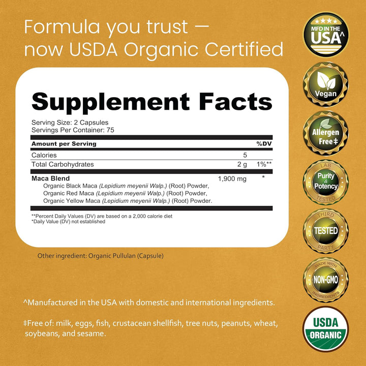 NaturaLife Labs Organic Maca Root 1900mg - Triple Blend Black, Red & Yellow (150 Capsules)