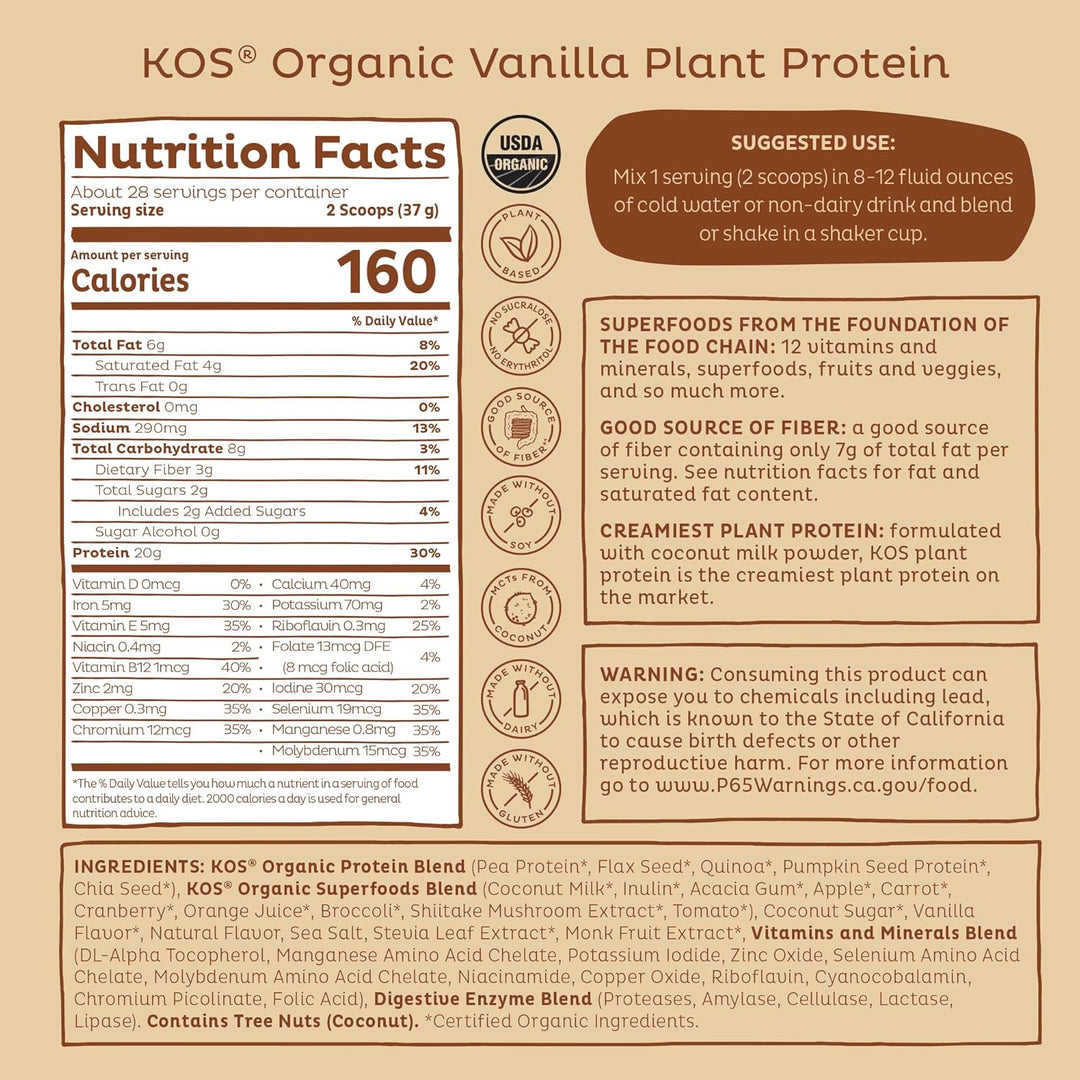KOS Vegan Protein Powder, Organic Pea Protein Blend, Erythritol-Free, Plant-Based Superfood, 28 Servings