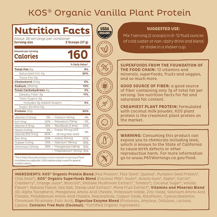 KOS Vegan Protein Powder, Organic Pea Protein Blend, Erythritol-Free, Plant-Based Superfood, 28 Servings