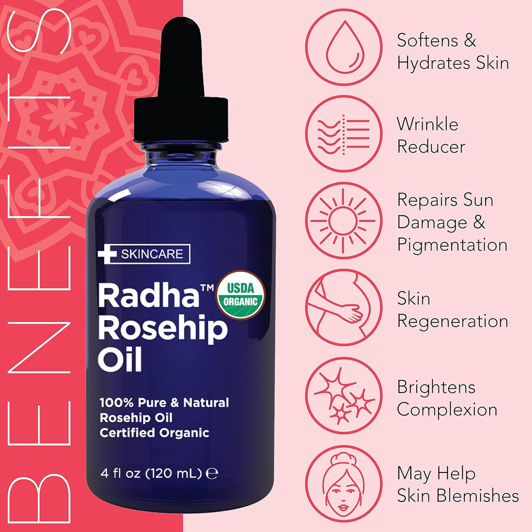 Radha Beauty Organic Rosehip Seed Oil – 100% Pure Cold-Pressed (4 oz)