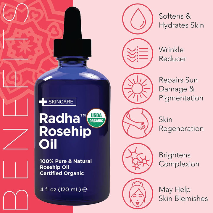 Radha Beauty Organic Rosehip Seed Oil – 100% Pure Cold-Pressed (4 oz)