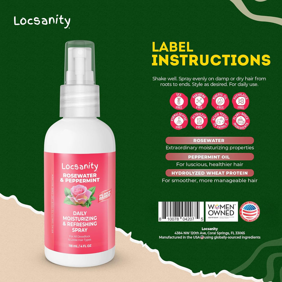 Locsanity Rosewater & Peppermint Daily Moisturizing Spray – Hydrating Scalp & Hair Spray for Dreadlocks, Braids, and Protective Styles – 4oz
