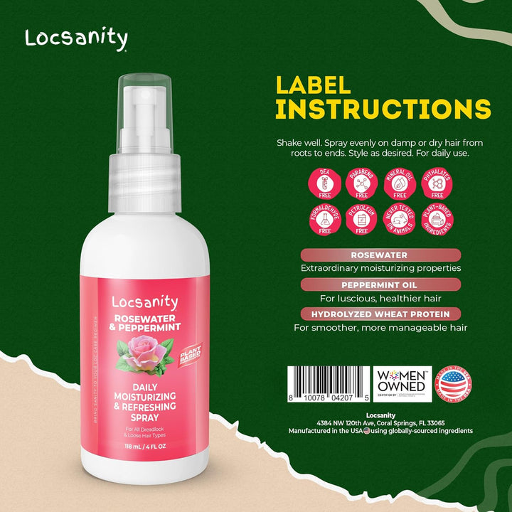 Locsanity Rosewater & Peppermint Daily Moisturizing Spray – Hydrating Scalp & Hair Spray for Dreadlocks, Braids, and Protective Styles – 4oz