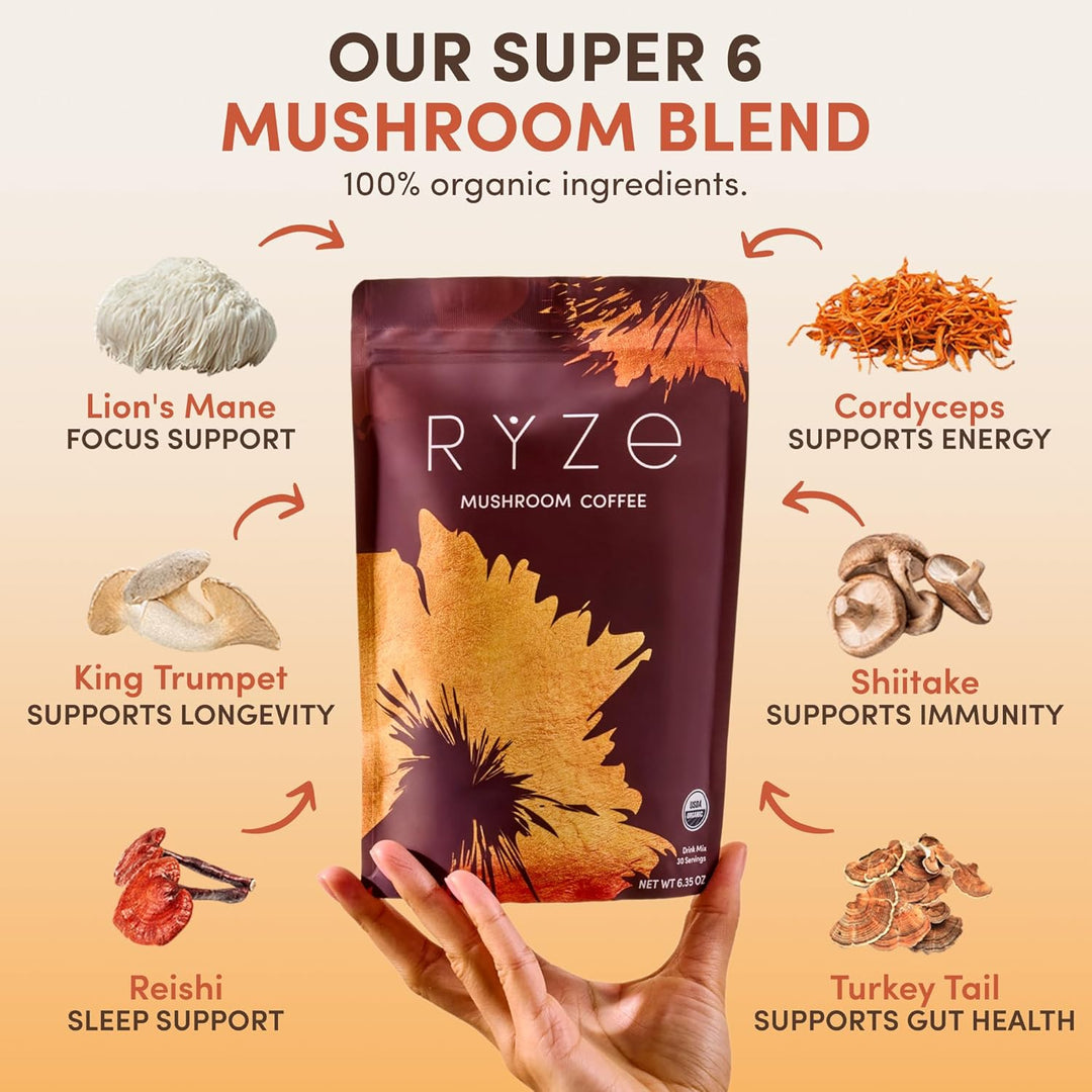 RYZE Mushroom Coffee | Organic Blend with 6 Mushrooms & MCT Oil |  Superfood Coffee