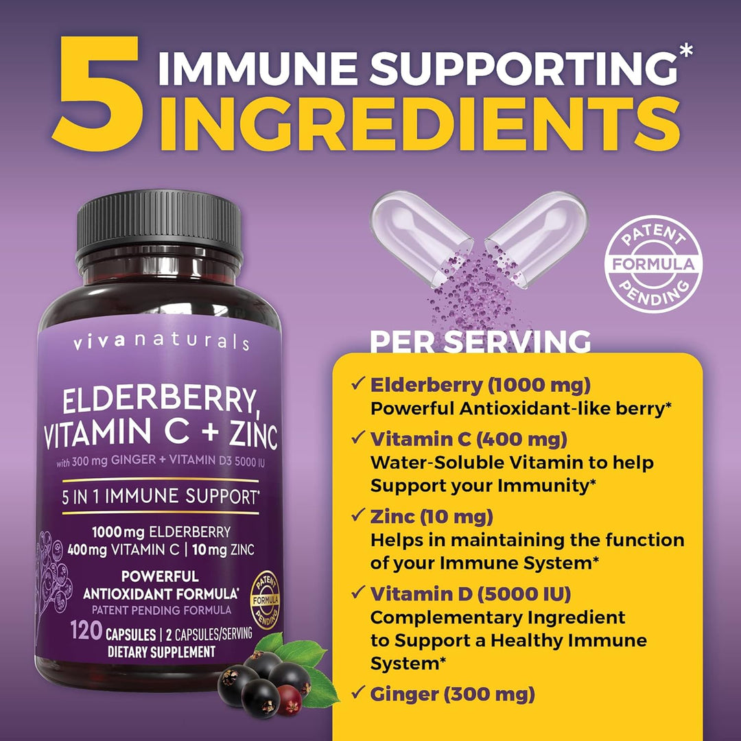 Viva Naturals 5-in-1 Elderberry Supplement with Zinc, Vitamin C & D3 5000 IU (2-Month Supply)