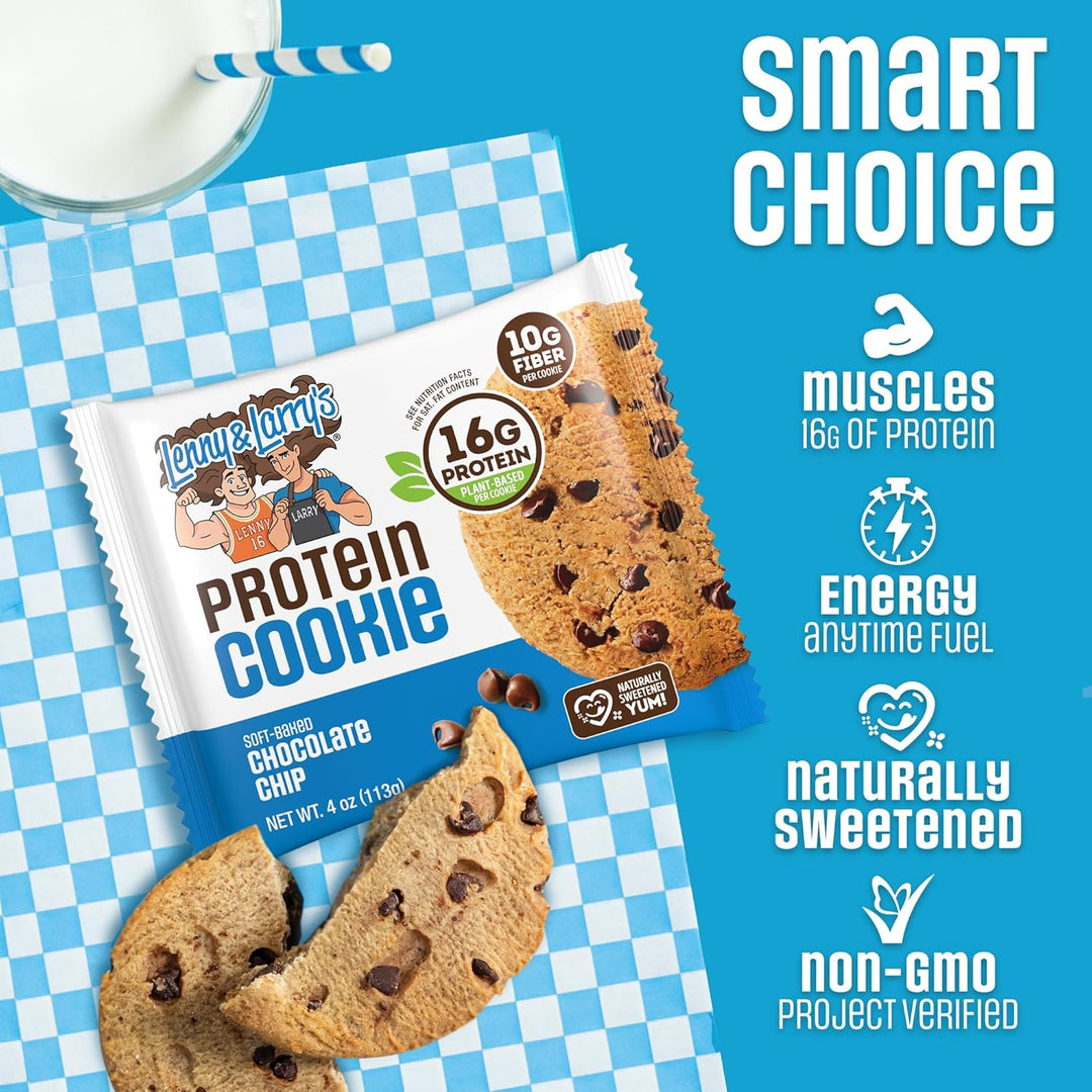Protein cookie package with chocolate chips on a blue and white checkered background