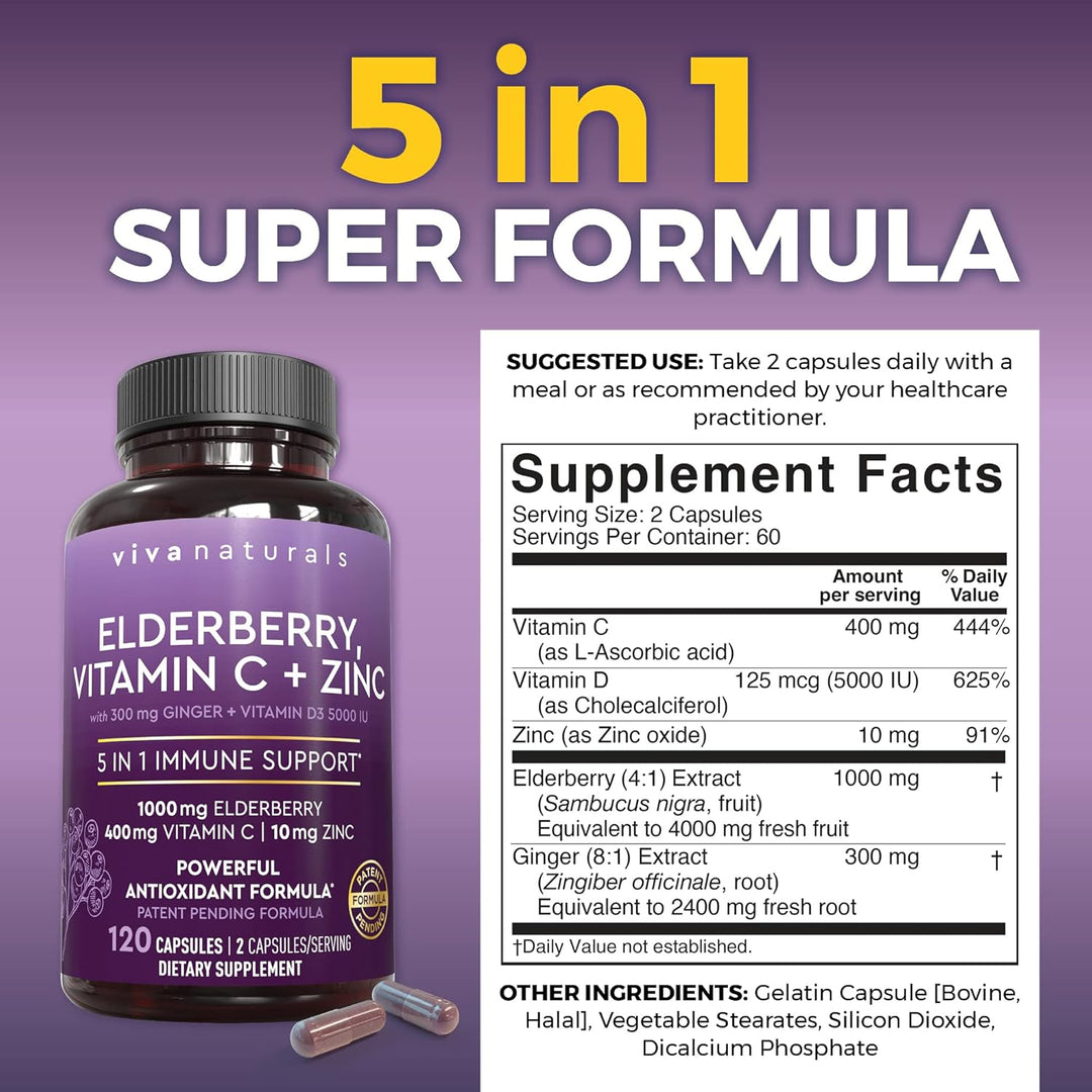 Viva Naturals 5-in-1 Elderberry Supplement with Zinc, Vitamin C & D3 5000 IU (2-Month Supply)
