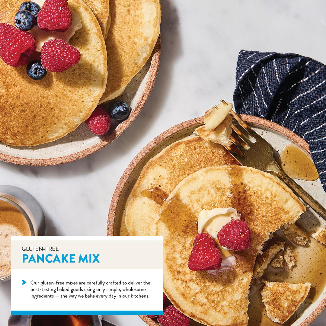 Gluten-free pancakes with berries and syrup on a plate, with a text overlay about the product.