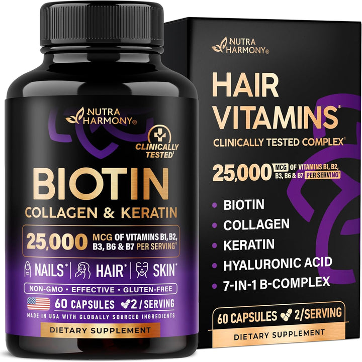 Nutra Harmony Hair Growth Vitamins with Biotin, Collagen & Keratin, 60 Capsules