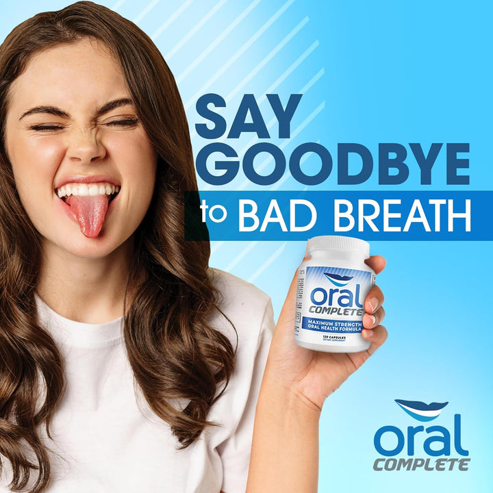 Woman with bad breath sticking out tongue, holding Oral Complete product, with text 'Say Goodbye to Bad Breath'.