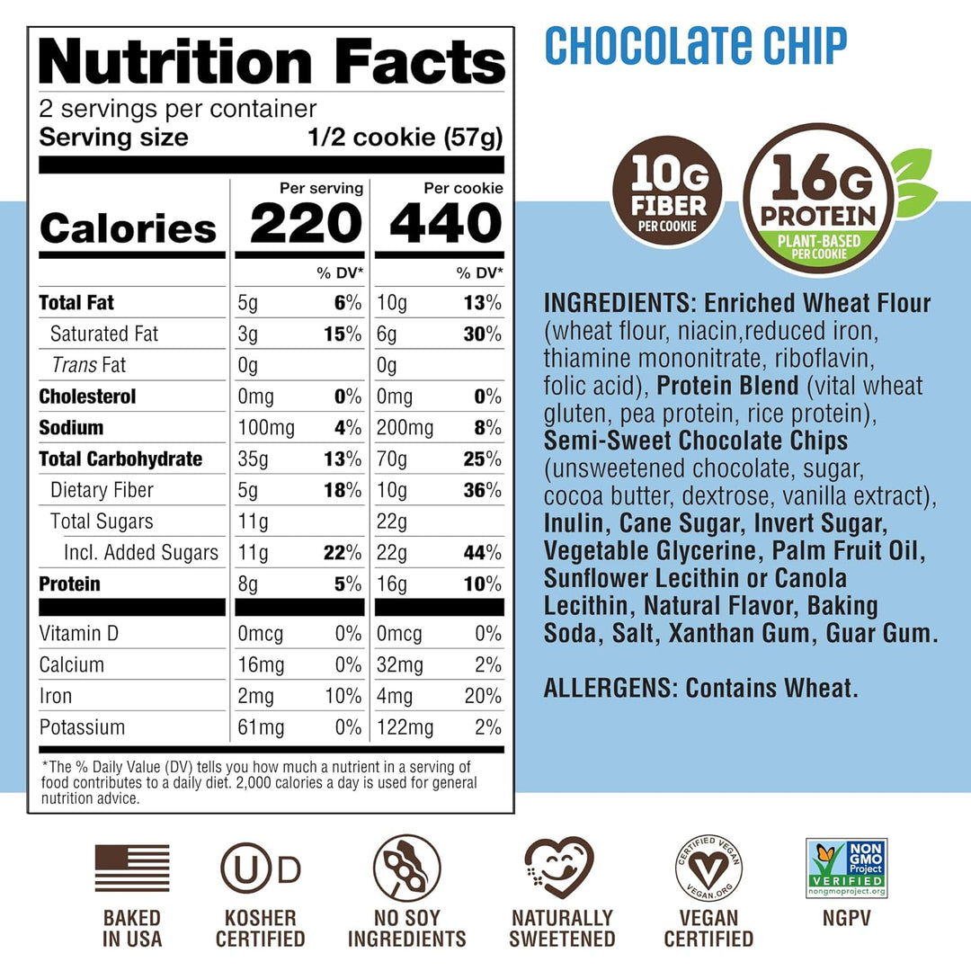 Nutrition facts label for chocolate chip cookies showing serving size, calories, fat, protein, and fiber information, with product branding and ingredient highlights on a white background.