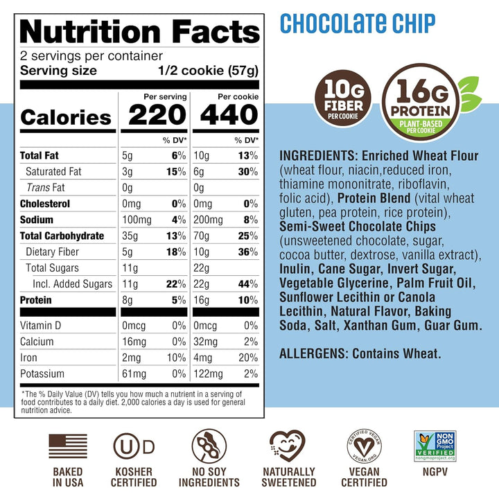 Nutrition facts label for chocolate chip cookies showing serving size, calories, fat, protein, and fiber information, with product branding and ingredient highlights on a white background.