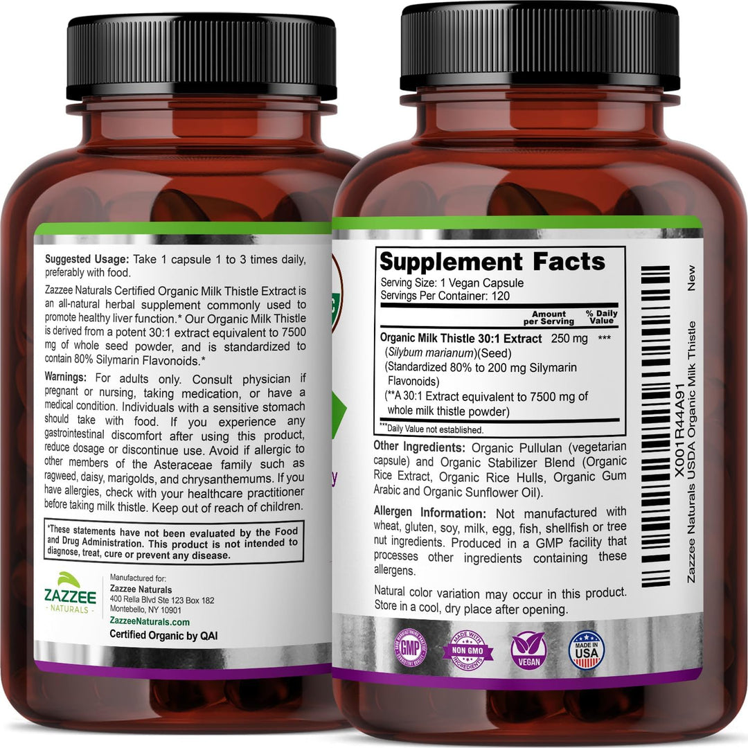 Zazzee Organic Milk Thistle 30:1 Extract - 80% Silymarin Liver Support (120 Vegan Caps)